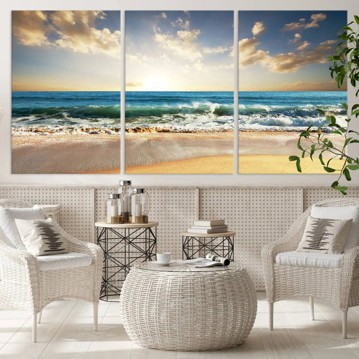 Golden Sunset Beach Triptych Canvas Wall Art on a dark living room wall.