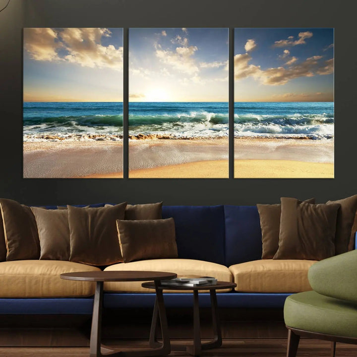 Golden Sunset Beach Triptych Canvas Wall Art on a dark living room wall.