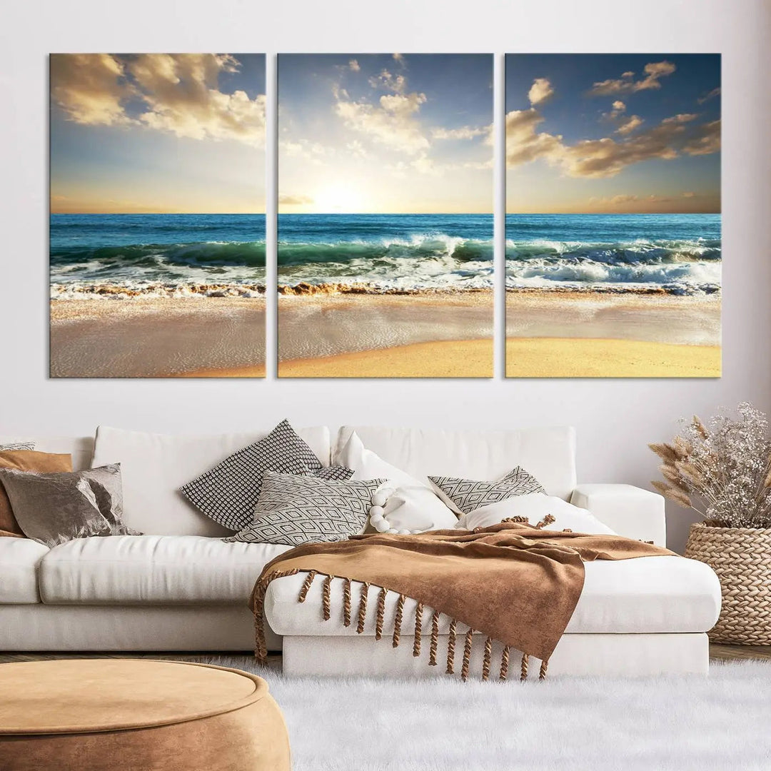 Golden Sunset Beach Triptych Canvas Wall Art on a dark living room wall.