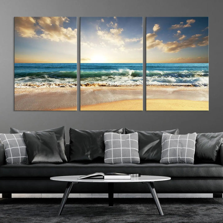 Golden Sunset Beach Triptych Canvas Wall Art on a dark living room wall.