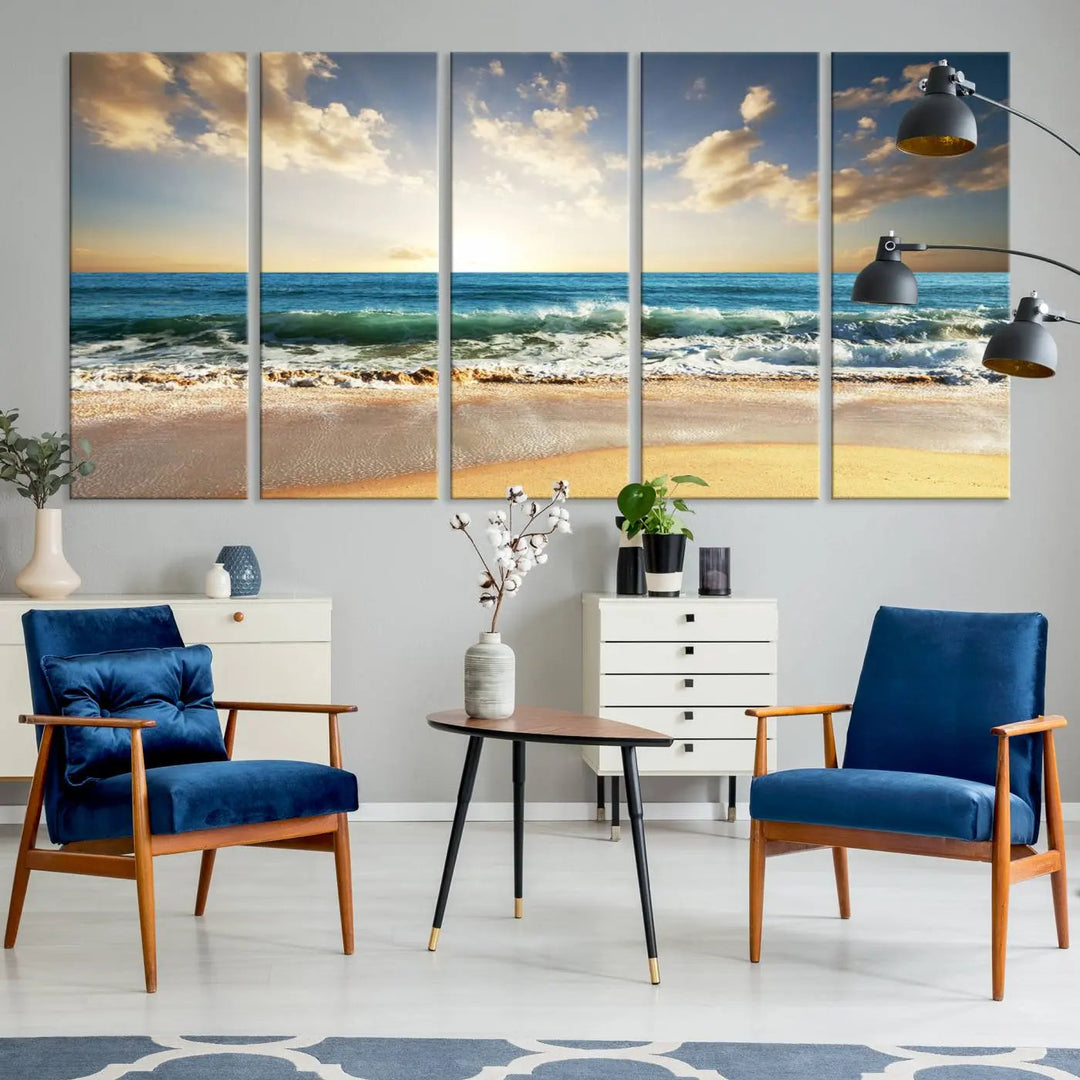 Golden Sunset Beach Triptych Canvas Wall Art on a dark living room wall.