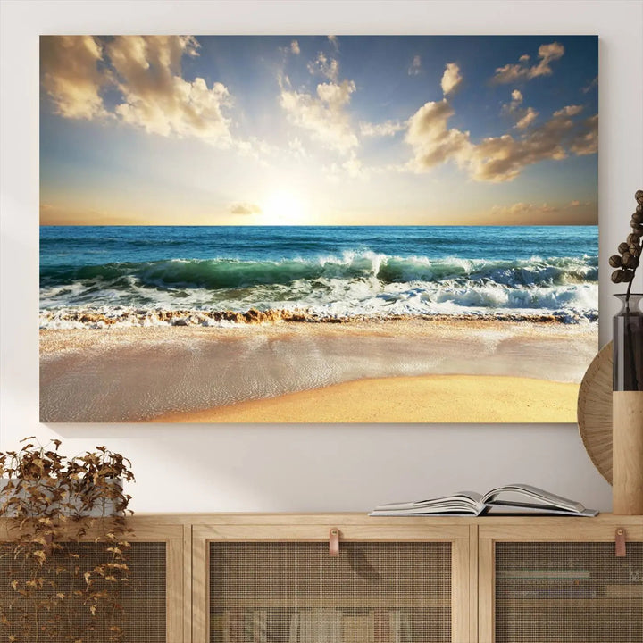 Golden Sunset Beach Triptych Canvas Wall Art on a dark living room wall.