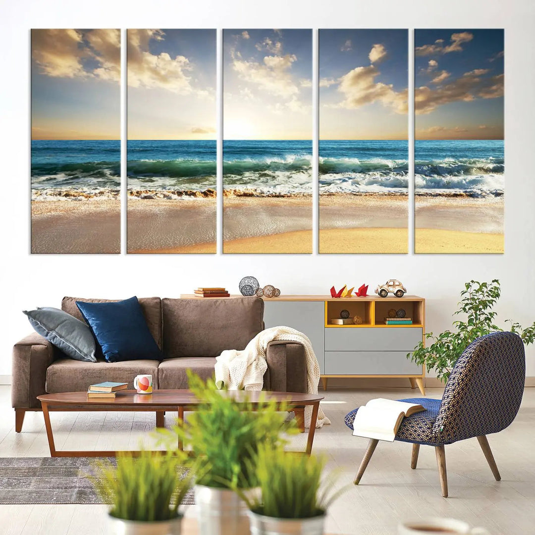 Golden Sunset Beach Triptych Canvas Wall Art on a dark living room wall.