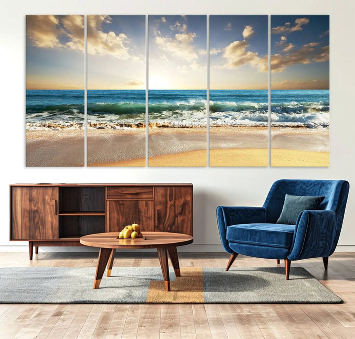 Golden Sunset Beach Triptych Canvas Wall Art on a dark living room wall.