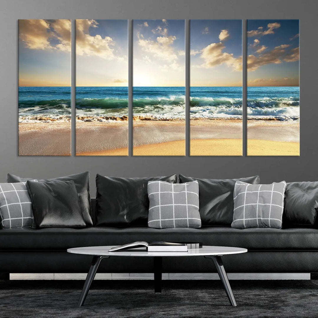 Golden Sunset Beach Triptych Canvas Wall Art on a dark living room wall.