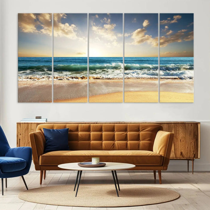 Golden Sunset Beach Triptych Canvas Wall Art on a dark living room wall.