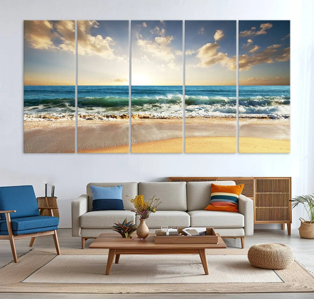 Golden Sunset Beach Triptych Canvas Wall Art on a dark living room wall.