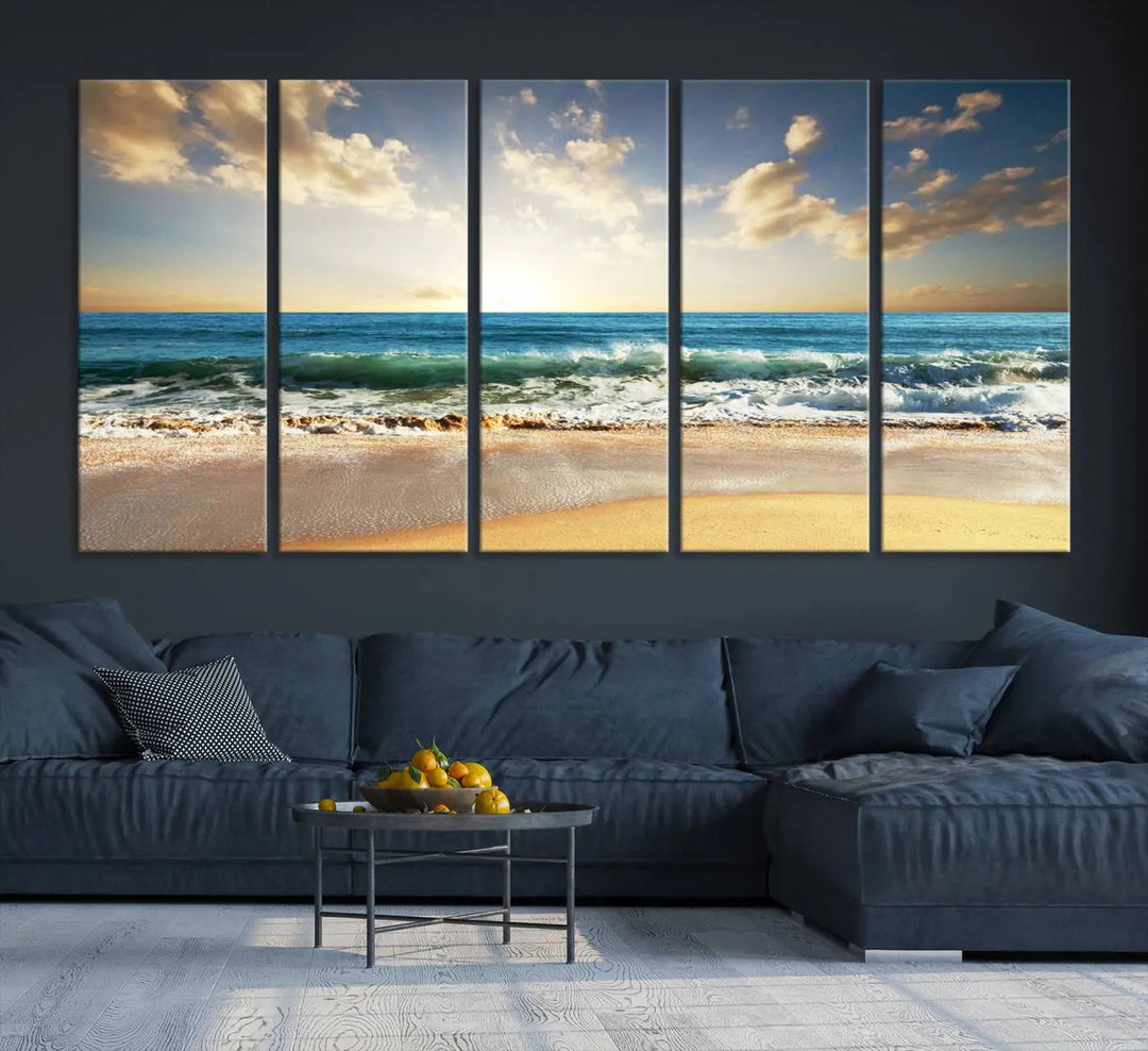 Golden Sunset Beach Triptych Canvas Wall Art on a dark living room wall.