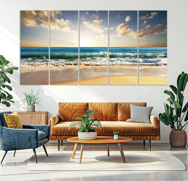 Golden Sunset Beach Triptych Canvas Wall Art on a dark living room wall.