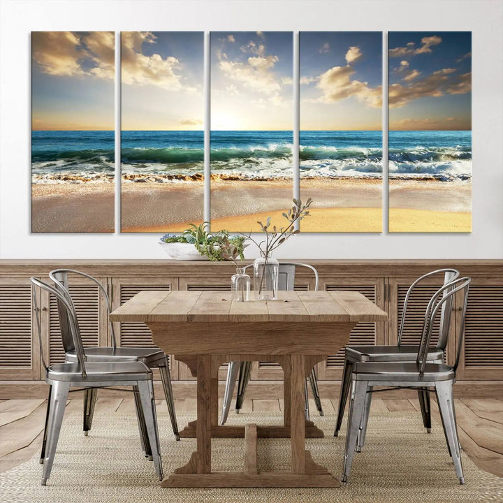 Golden Sunset Beach Triptych Canvas Wall Art on a dark living room wall.