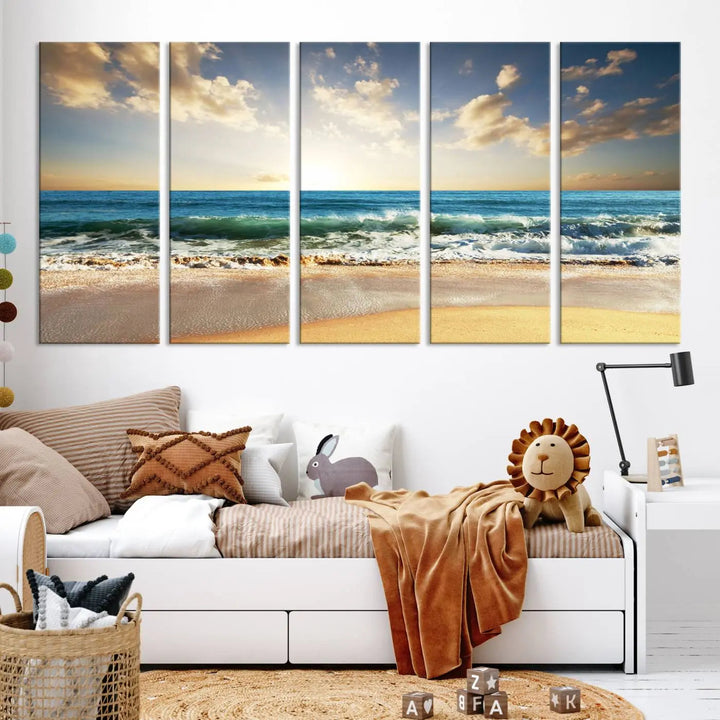 Golden Sunset Beach Triptych Canvas Wall Art on a dark living room wall.