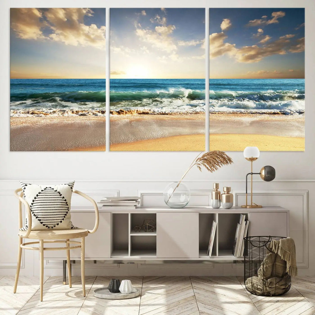 Golden Sunset Beach Triptych Canvas Wall Art on a dark living room wall.