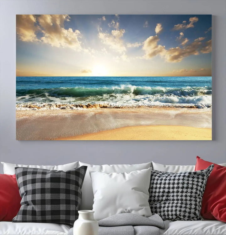 Golden Sunset Beach Triptych Canvas Wall Art on a dark living room wall.