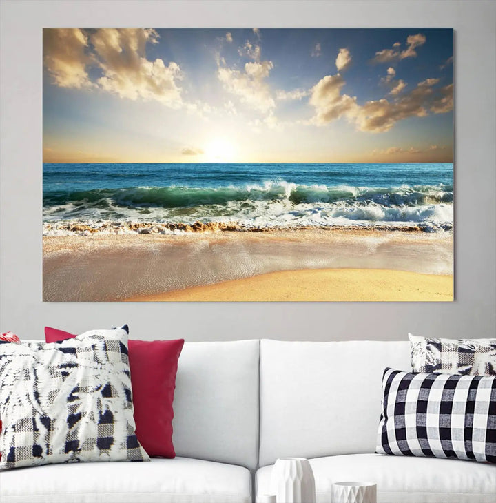 Golden Sunset Beach Triptych Canvas Wall Art on a dark living room wall.