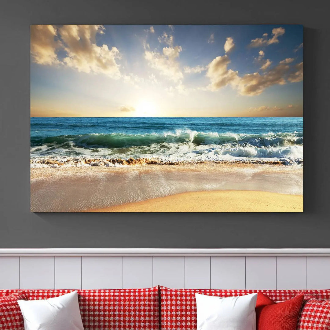 Golden Sunset Beach Triptych Canvas Wall Art on a dark living room wall.