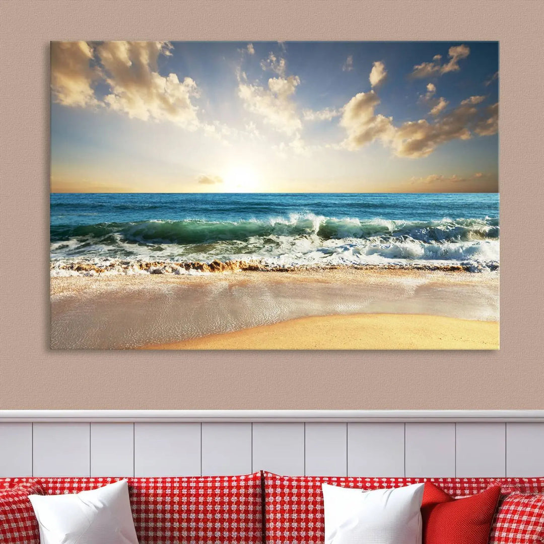 Golden Sunset Beach Triptych Canvas Wall Art on a dark living room wall.