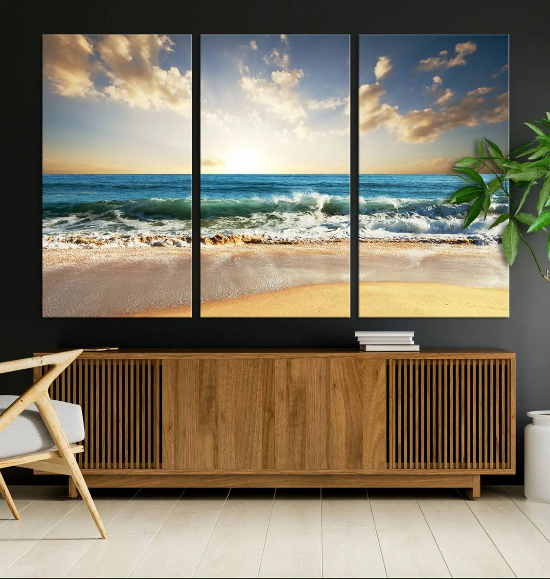 Golden Sunset Beach Triptych Canvas Wall Art on a dark living room wall.