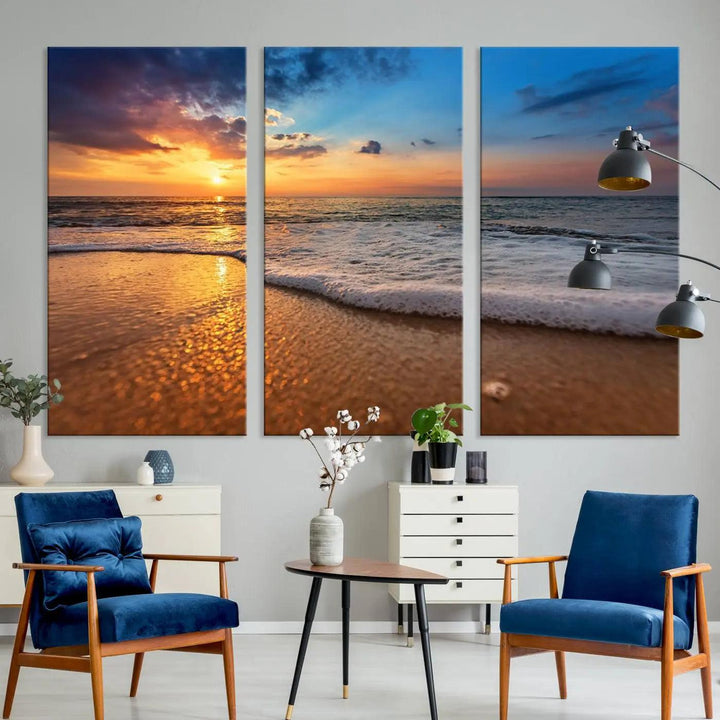 Golden sunset beach waves triptych canvas print featuring a coastal seascape. High-quality giclee canvas art, perfect for beach house or modern home decor.