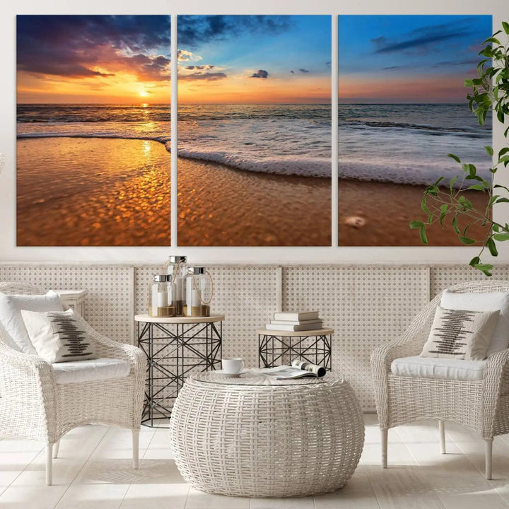 Golden sunset beach waves triptych canvas print featuring a coastal seascape. High-quality giclee canvas art, perfect for beach house or modern home decor.