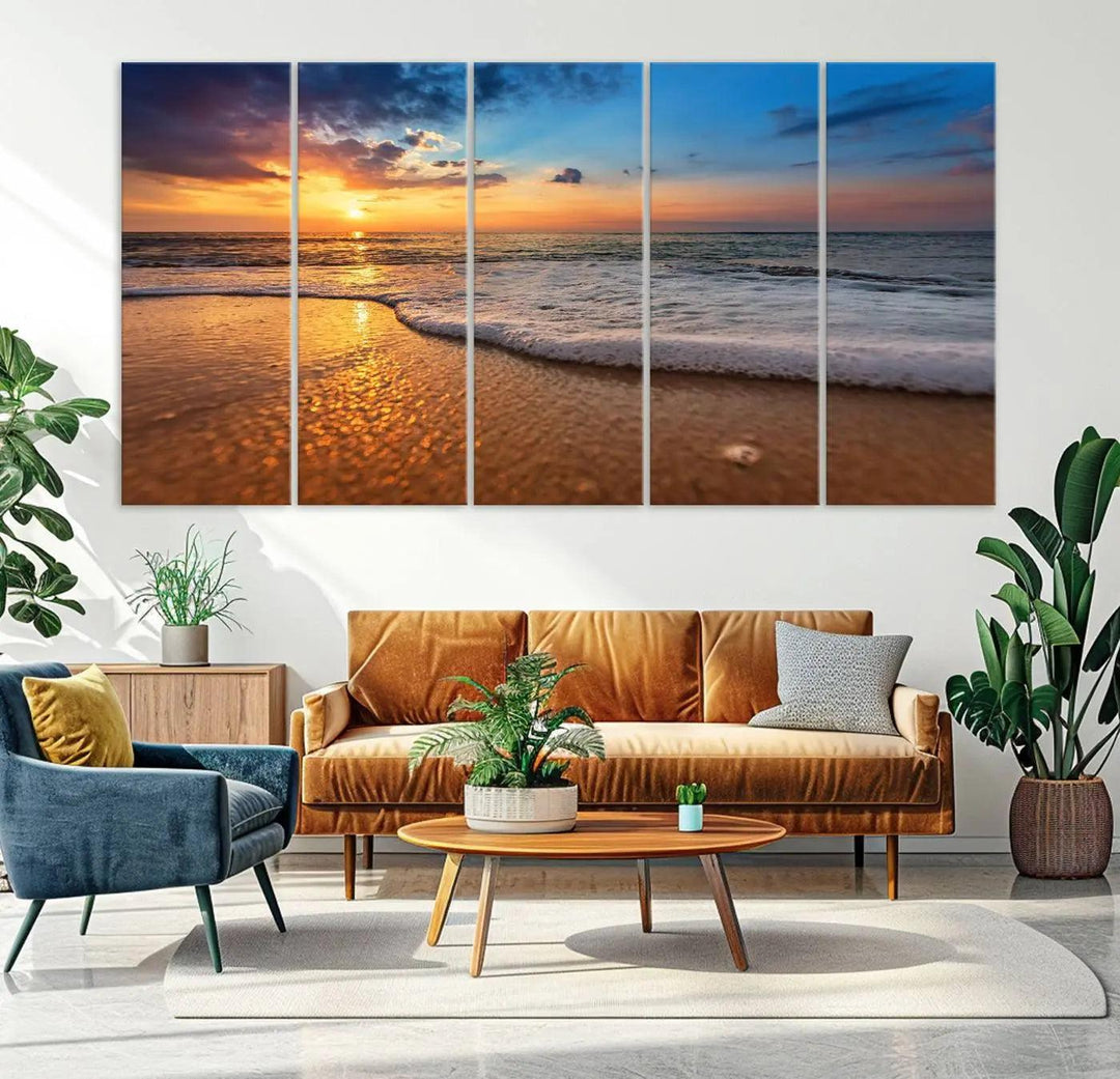 Golden sunset beach waves triptych canvas print featuring a coastal seascape. High-quality giclee canvas art, perfect for beach house or modern home decor.