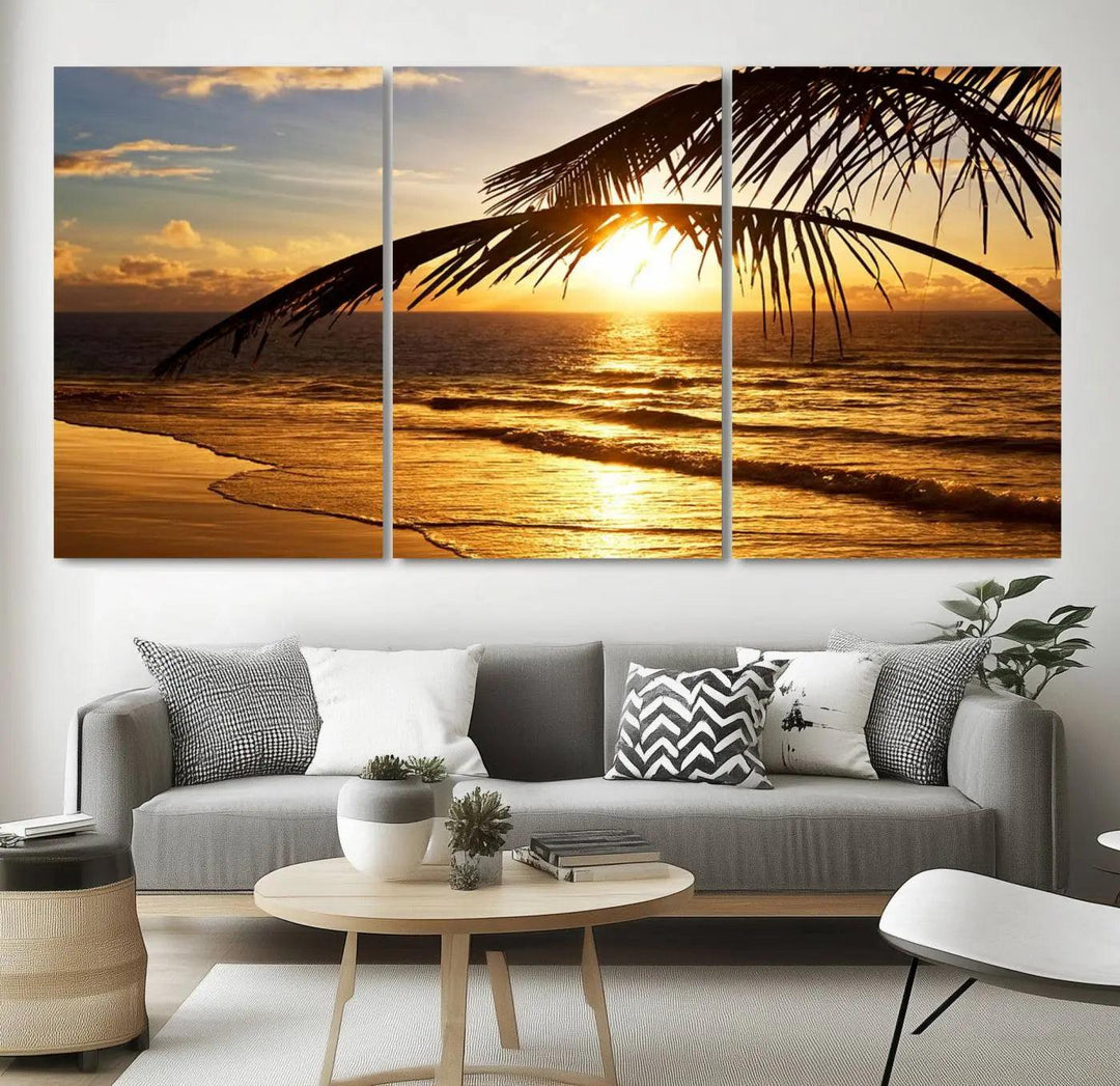 Golden Tropical Beach Sunset Canvas Triptych, Coastal Palm Tree Wall Art, Ocean Shoreline Giclee Print with Gallery Wrap