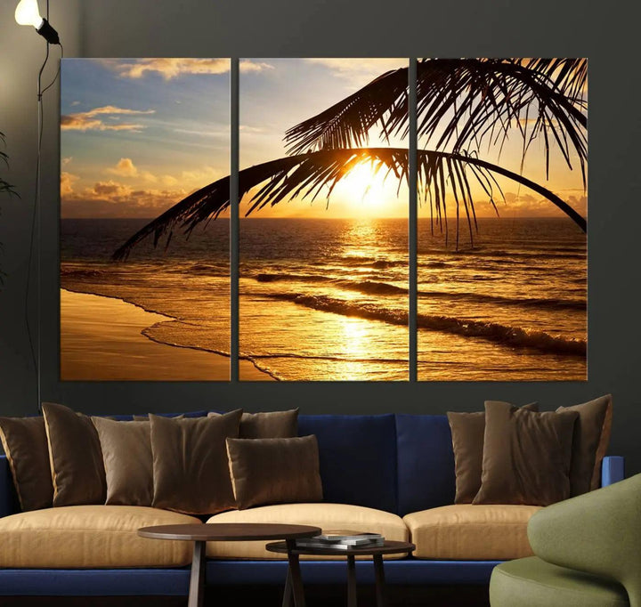 Golden Tropical Beach Sunset Canvas Triptych, Coastal Palm Tree Wall Art, Ocean Shoreline Giclee Print with Gallery Wrap