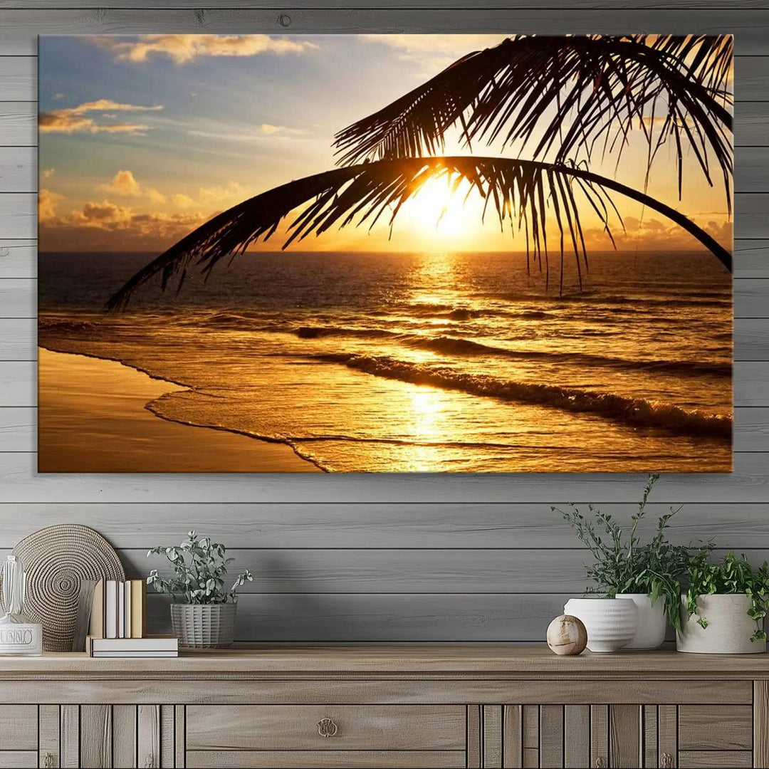 Golden Tropical Beach Sunset Canvas Triptych, Coastal Palm Tree Wall Art, Ocean Shoreline Giclee Print with Gallery Wrap