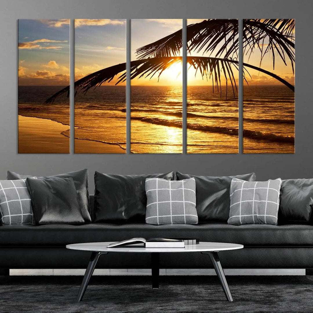 Golden Tropical Beach Sunset Canvas Triptych, Coastal Palm Tree Wall Art, Ocean Shoreline Giclee Print with Gallery Wrap