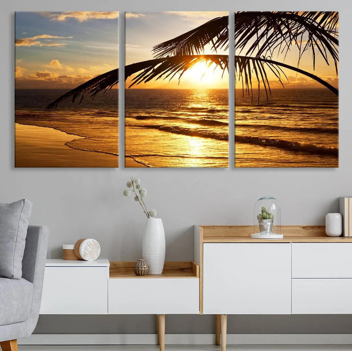 Golden Tropical Beach Sunset Canvas Triptych, Coastal Palm Tree Wall Art, Ocean Shoreline Giclee Print with Gallery Wrap