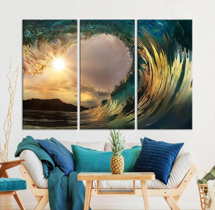 Golden Wave Sunset Giclee Canvas Print – Large Coastal Wall Art for Nature Lovers, Captivating Ocean Wave Decor