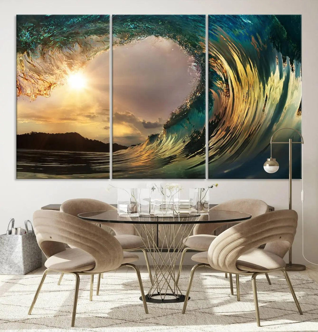 Golden Wave Sunset Giclee Canvas Print – Large Coastal Wall Art for Nature Lovers, Captivating Ocean Wave Decor