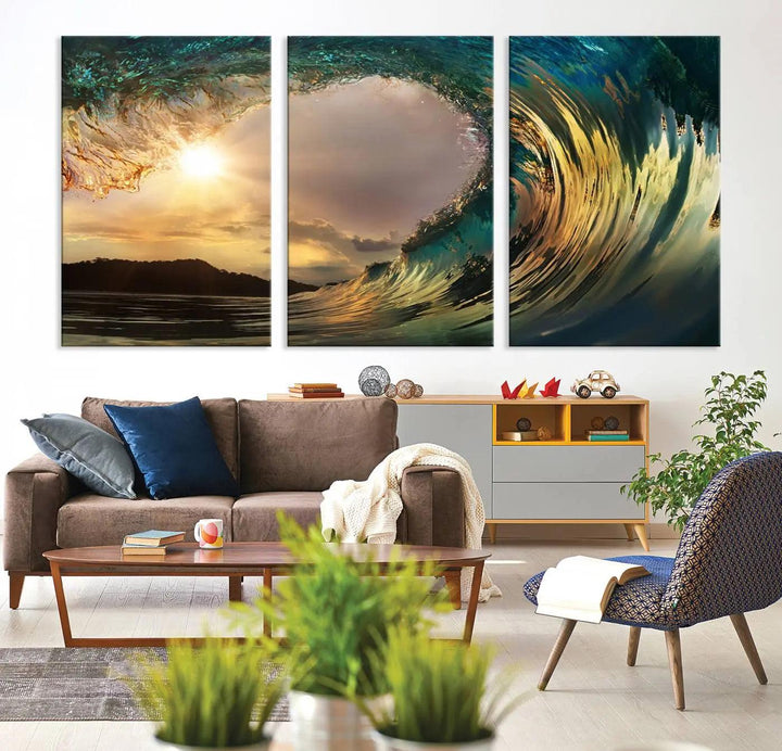 Golden Wave Sunset Giclee Canvas Print – Large Coastal Wall Art for Nature Lovers, Captivating Ocean Wave Decor