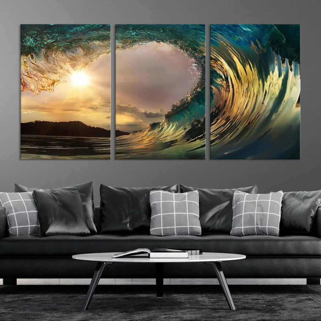 Golden Wave Sunset Giclee Canvas Print – Large Coastal Wall Art for Nature Lovers, Captivating Ocean Wave Decor