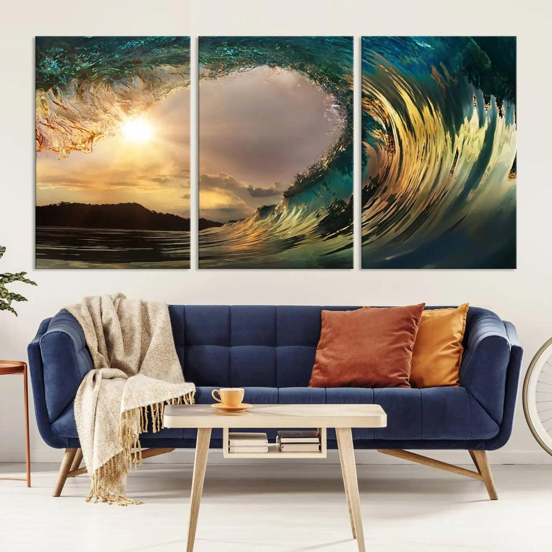 Golden Wave Sunset Giclee Canvas Print – Large Coastal Wall Art for Nature Lovers, Captivating Ocean Wave Decor