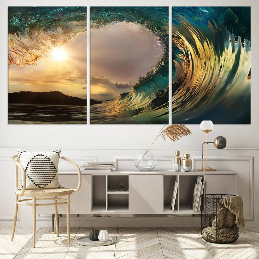 Golden Wave Sunset Giclee Canvas Print – Large Coastal Wall Art for Nature Lovers, Captivating Ocean Wave Decor