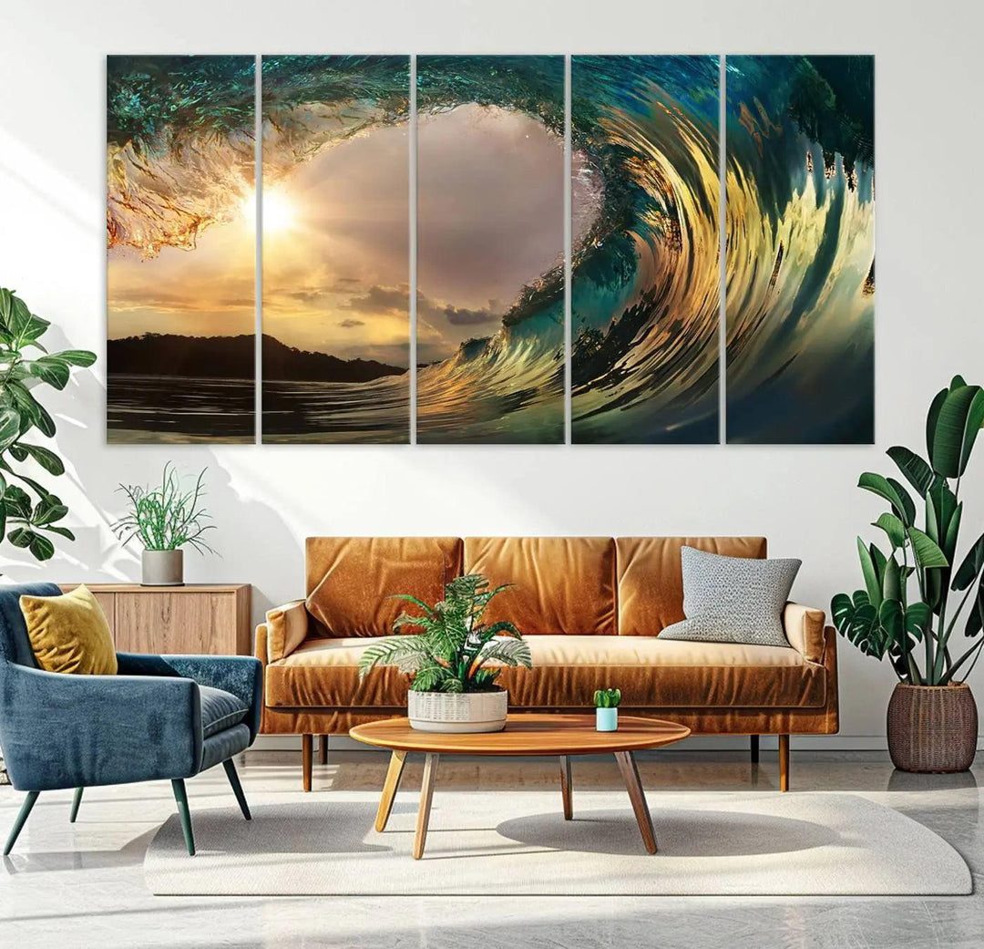 Golden Wave Sunset Giclee Canvas Print – Large Coastal Wall Art for Nature Lovers, Captivating Ocean Wave Decor