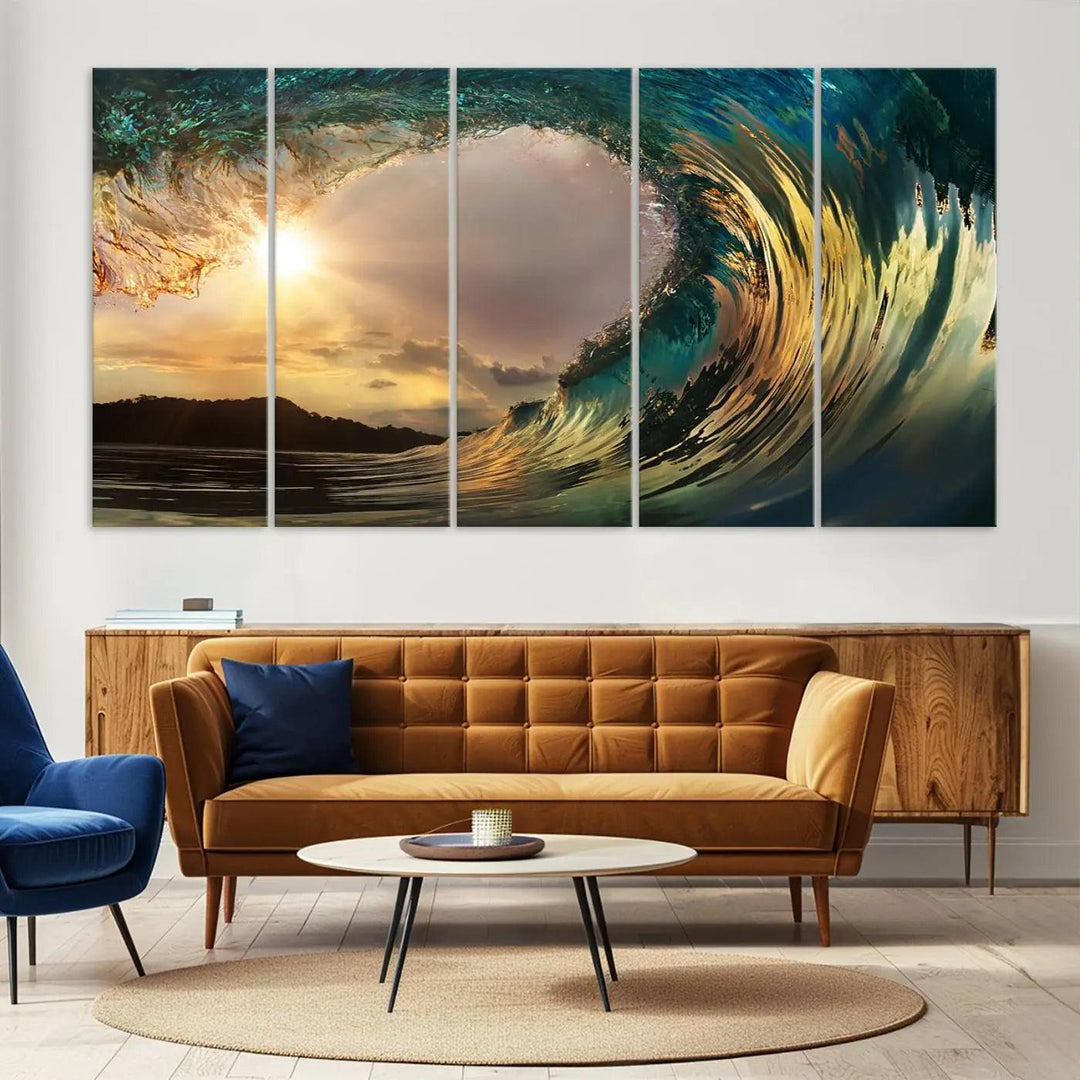 Golden Wave Sunset Giclee Canvas Print – Large Coastal Wall Art for Nature Lovers, Captivating Ocean Wave Decor