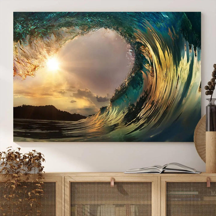 A captivating ocean wave decor piece, the "Golden Wave Sunset Giclee Canvas Print – Large Coastal Wall Art for Nature Lovers," elegantly adorns a wooden wall, showcasing a crashing wave with sunlight streaming through.