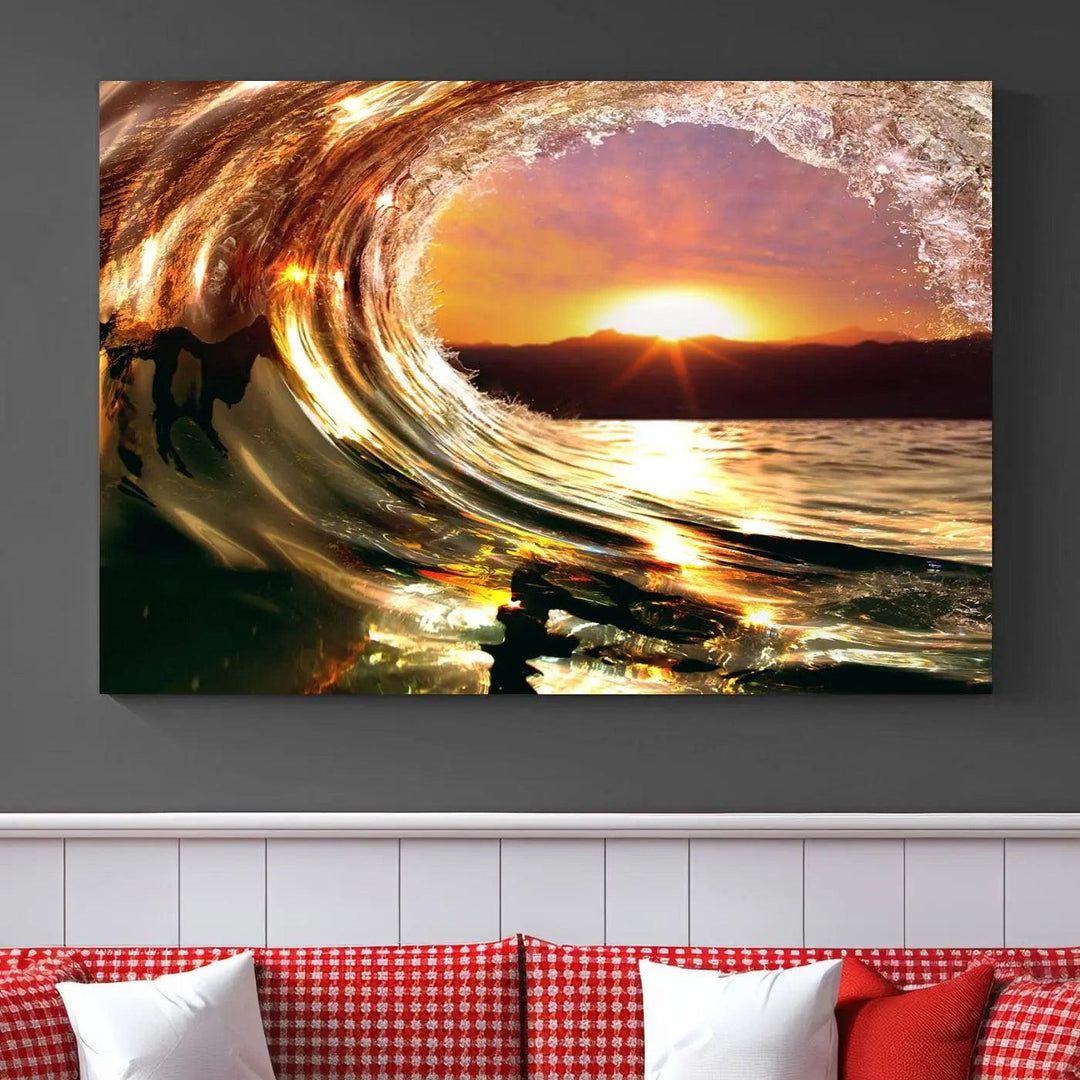 Golden Wave Sunset Triptych Canvas Art, Giclee Canvas Print of Ocean Wave and Sunset, Canon Print Quality with Gallery Wrap