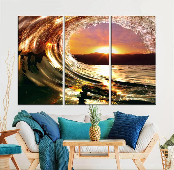 Golden Wave Sunset Triptych Canvas Art, Giclee Canvas Print of Ocean Wave and Sunset, Canon Print Quality with Gallery Wrap