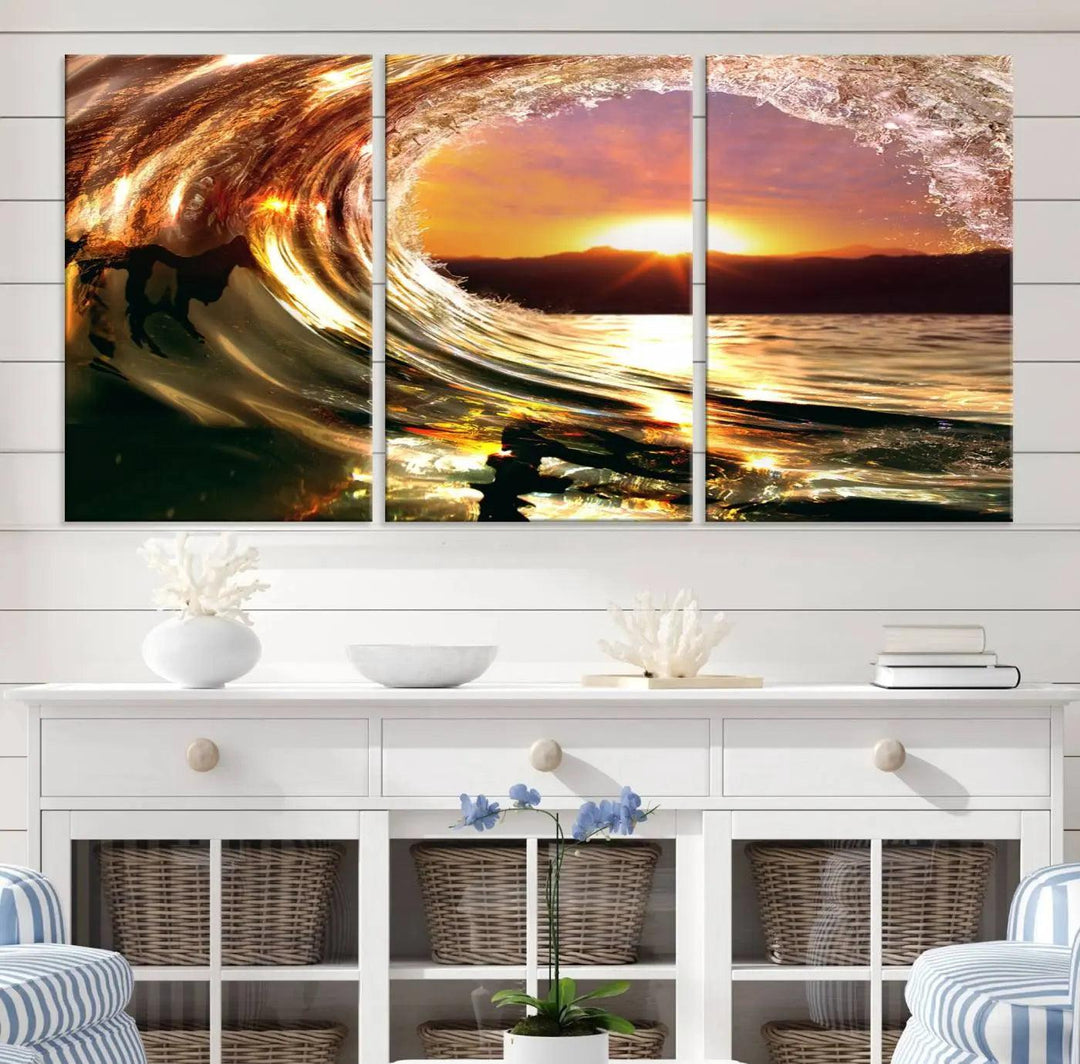 Golden Wave Sunset Triptych Canvas Art, Giclee Canvas Print of Ocean Wave and Sunset, Canon Print Quality with Gallery Wrap