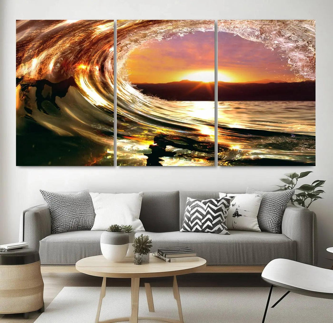 Golden Wave Sunset Triptych Canvas Art, Giclee Canvas Print of Ocean Wave and Sunset, Canon Print Quality with Gallery Wrap