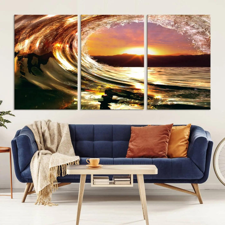 Golden Wave Sunset Triptych Canvas Art, Giclee Canvas Print of Ocean Wave and Sunset, Canon Print Quality with Gallery Wrap