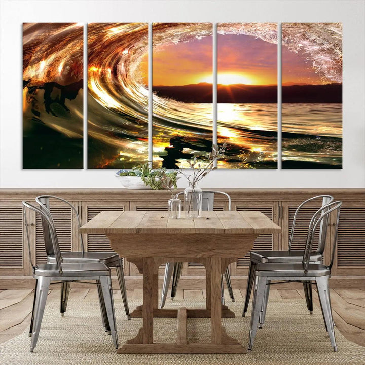 Golden Wave Sunset Triptych Canvas Art, Giclee Canvas Print of Ocean Wave and Sunset, Canon Print Quality with Gallery Wrap