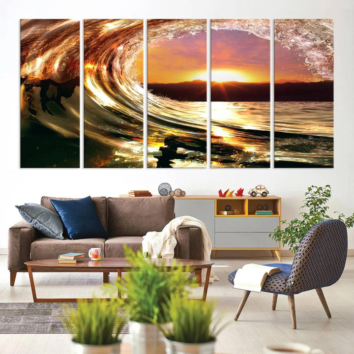 Golden Wave Sunset Triptych Canvas Art, Giclee Canvas Print of Ocean Wave and Sunset, Canon Print Quality with Gallery Wrap