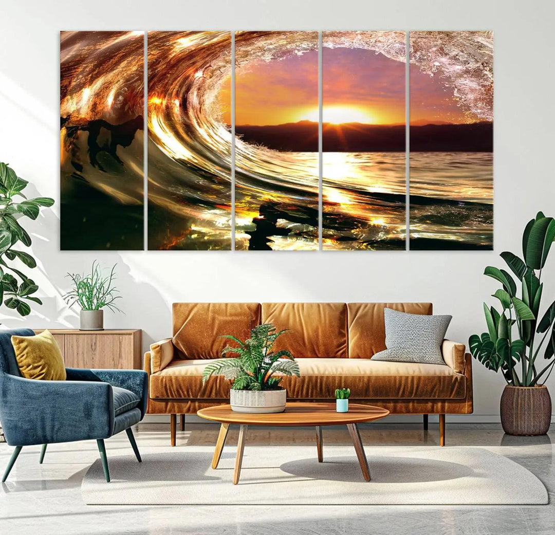 Golden Wave Sunset Triptych Canvas Art, Giclee Canvas Print of Ocean Wave and Sunset, Canon Print Quality with Gallery Wrap