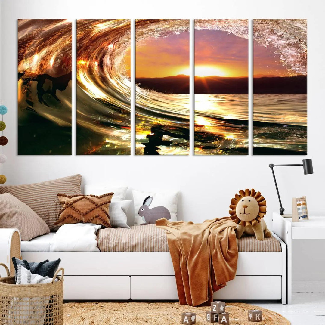 Golden Wave Sunset Triptych Canvas Art, Giclee Canvas Print of Ocean Wave and Sunset, Canon Print Quality with Gallery Wrap