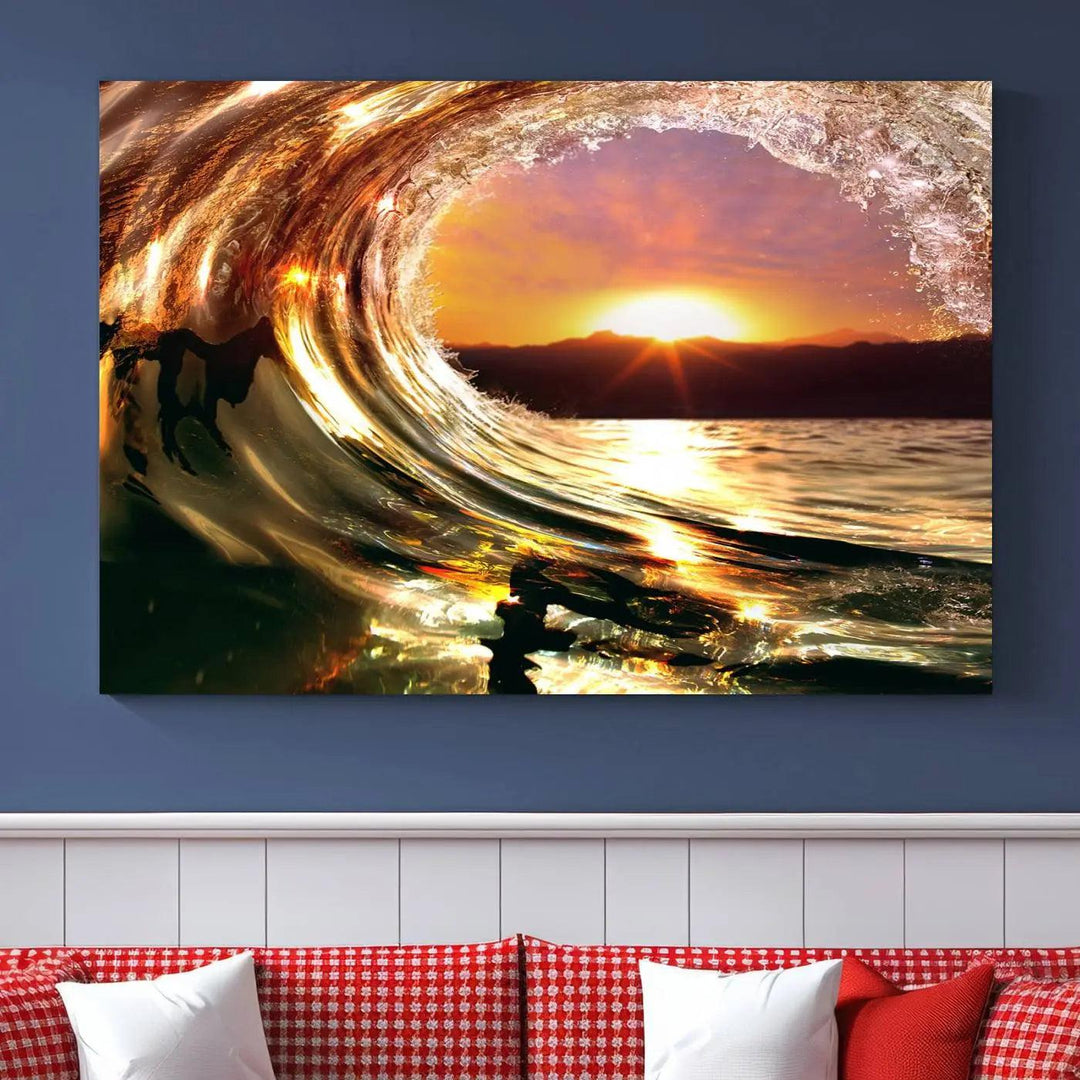 Golden Wave Sunset Triptych Canvas Art, Giclee Canvas Print of Ocean Wave and Sunset, Canon Print Quality with Gallery Wrap