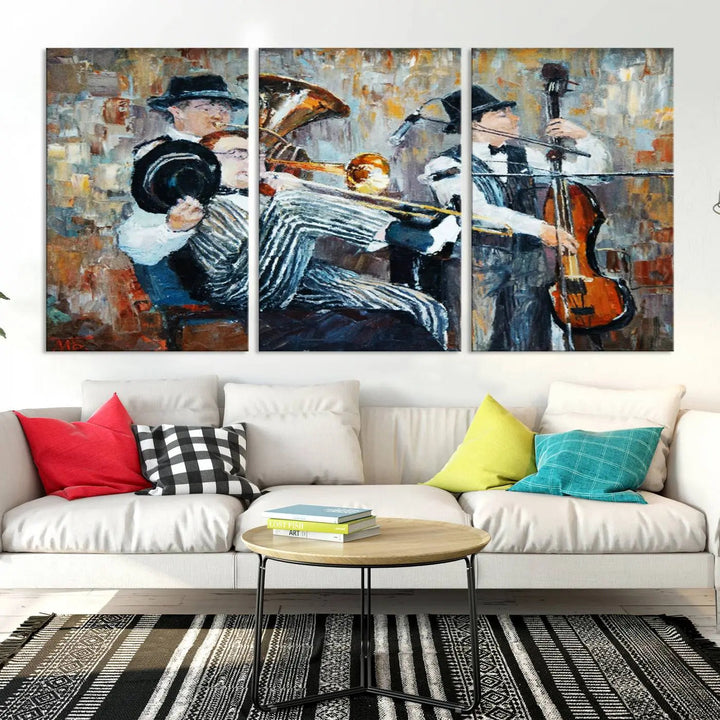 The Good Old Days Musicians Wall Art Canvas Print graces the wall, merging art with elegance. This museum-quality canvas comes with a UV-protective coating and is ready to hang.