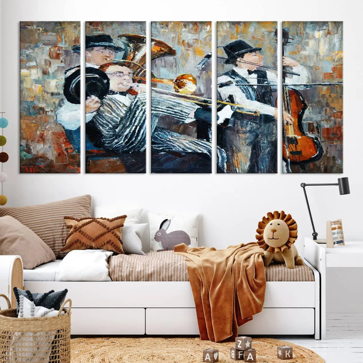 The Good Old Days Musicians Wall Art Canvas Print graces the wall, merging art with elegance. This museum-quality canvas comes with a UV-protective coating and is ready to hang.